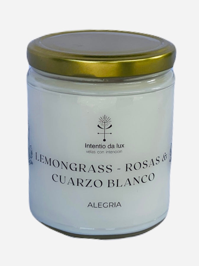 VELA LEMONGRASS - ROSAS Y CUARZO BLANCO "ALEGRIA"